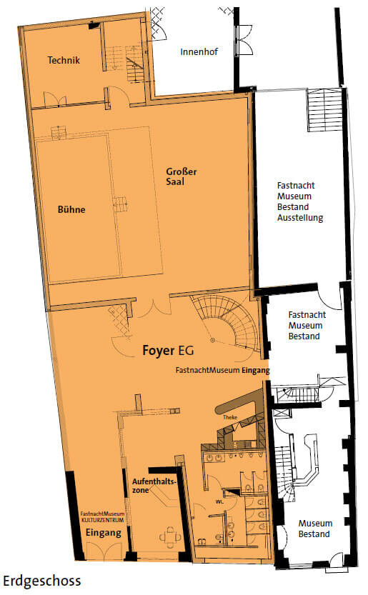 Grundriss des Erdgeschosses der Deutschen Fastnachtakademie mit Foyer und Saal.