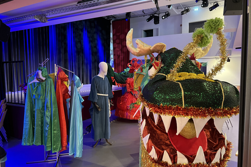 Bunte Kostüme und ein Drachenkopf schmücken den Flohmarkt-Raum. | © Jonas Eyrich