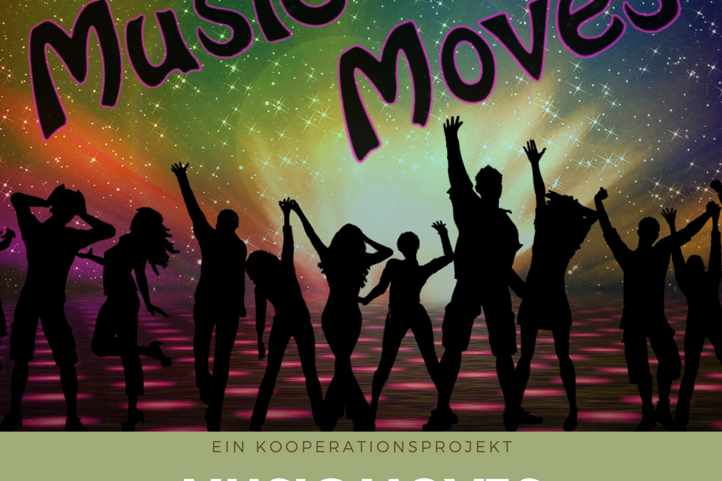 Silhouetten tanzen vor einem bunten Hintergrund mit "Music Moves" Schriftzug.