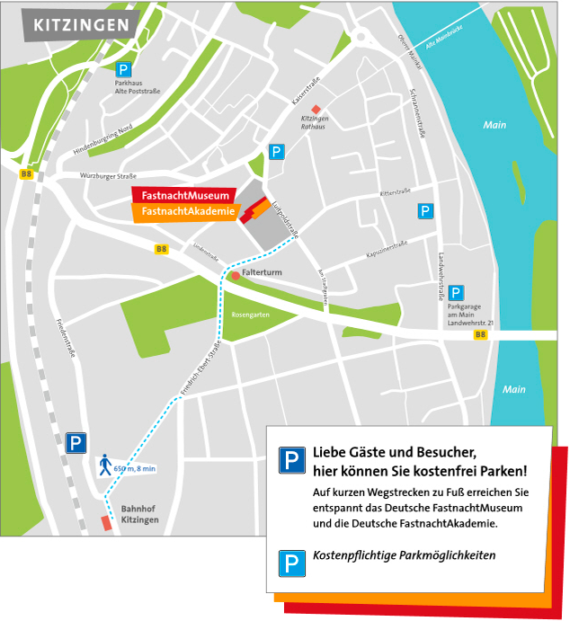 Karte von Kitzingen mit Weg zum FastnachtMuseum und FastnachtAkademie.